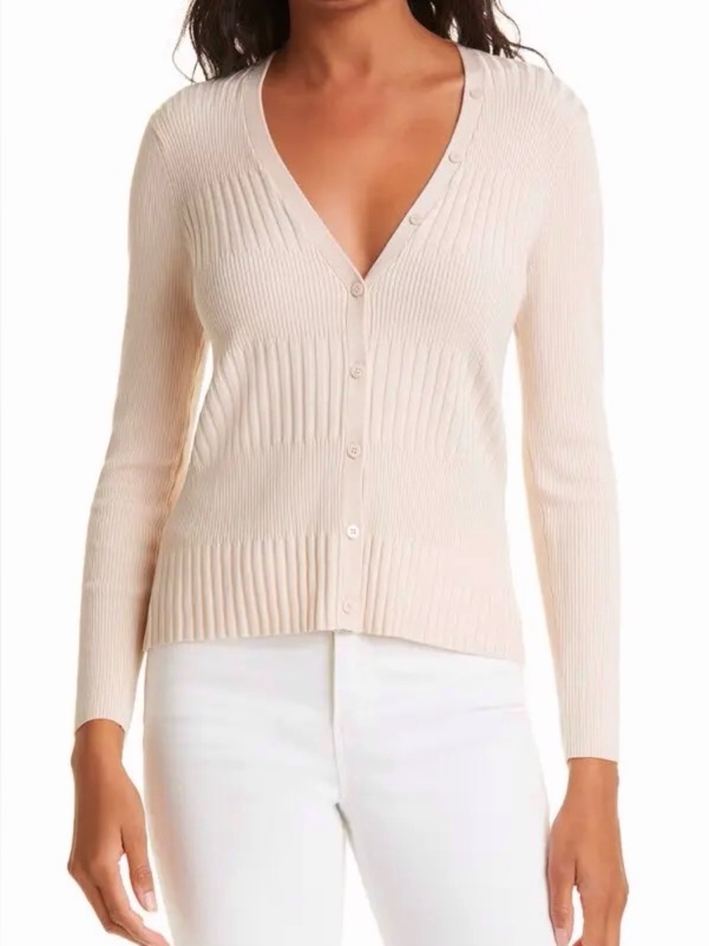 L’Agence Cardigan Sweater Womens L Elyssa Ribbed Vneck Button Pearl Preppy